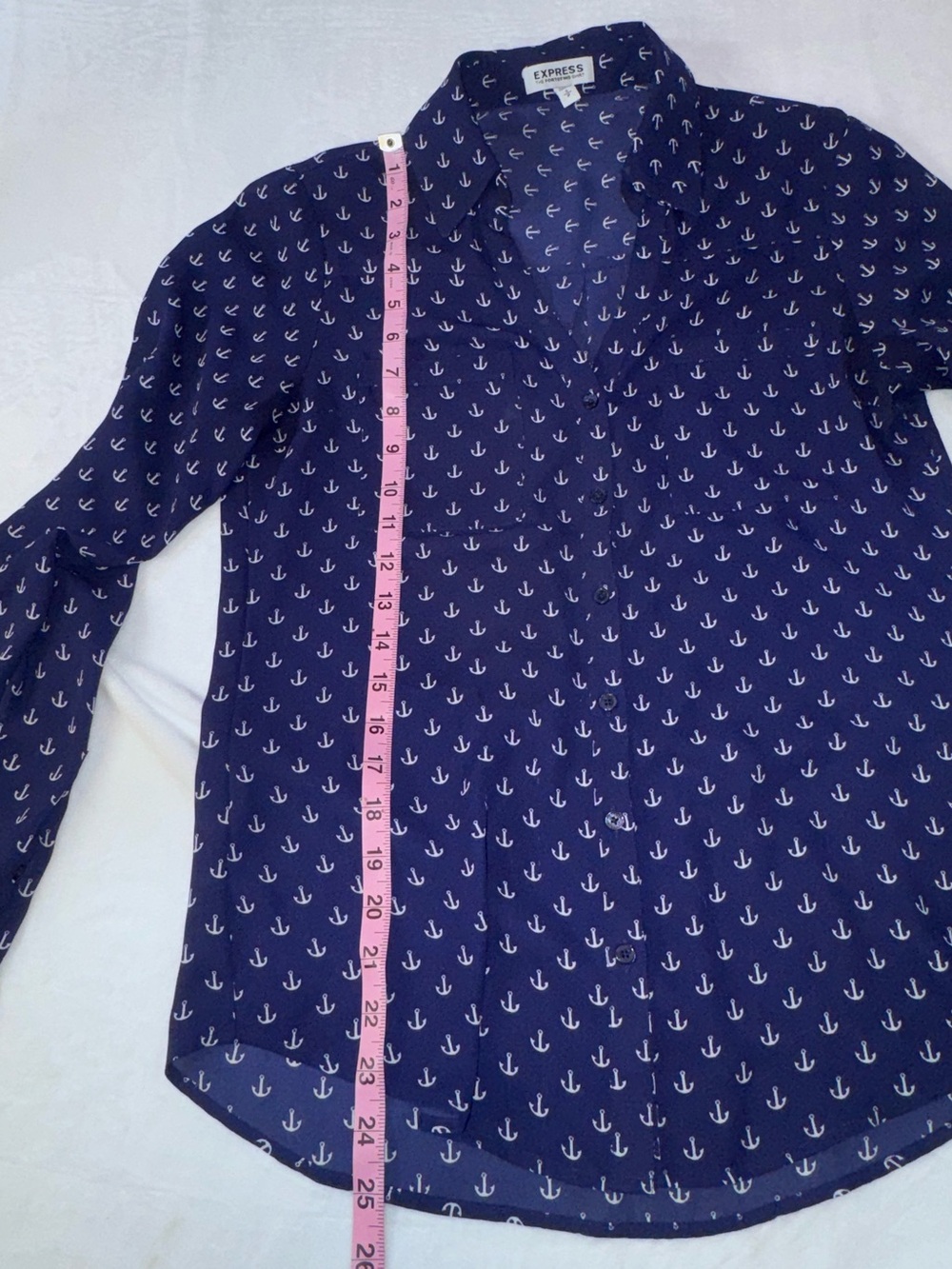 Express Portofino Navy Anchor Print Button Front Blouse Sheer Nautical Small - Picture 6 of 10